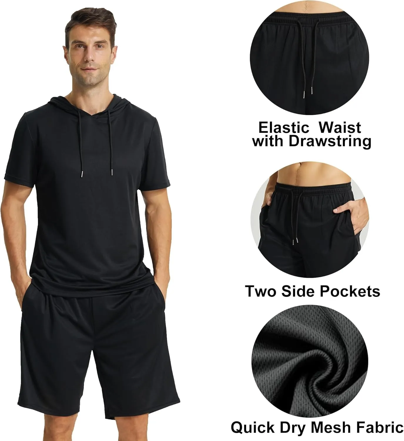 YUSHOW Mens Tracksuit 2 Piece Hooded Athletic Shirt with Short Sleeve Active Running Workout Shorts with Pocket Set Quick Dry