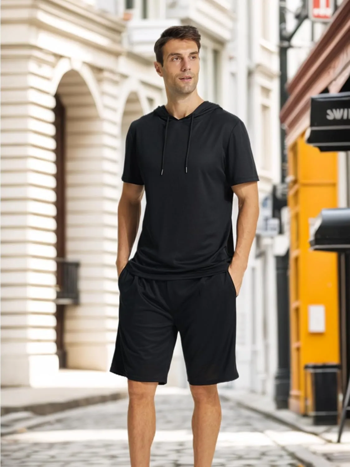 YUSHOW Mens Tracksuit 2 Piece Hooded Athletic Shirt with Short Sleeve Active Running Workout Shorts with Pocket Set Quick Dry