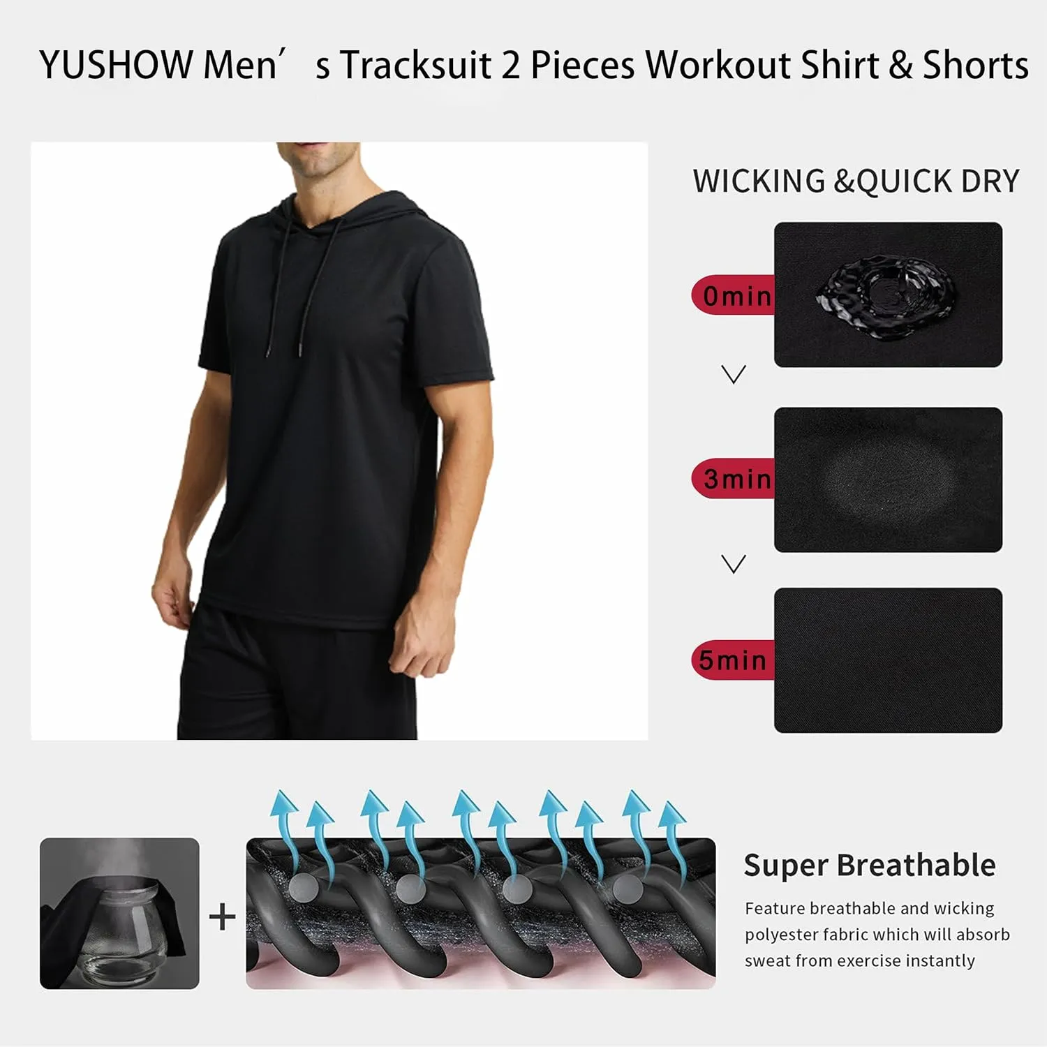YUSHOW Mens Tracksuit 2 Piece Hooded Athletic Shirt with Short Sleeve Active Running Workout Shorts with Pocket Set Quick Dry