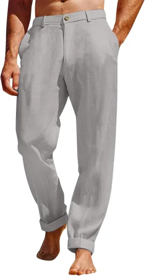ZYXTIM Cotton Linen Trousers for Men Flat Front Lightweight Casual Work Pants Quick Dry Summer Beach Yoga Pants with Pockets