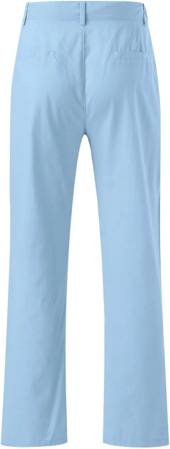 ZYXTIM Cotton Linen Trousers for Men Flat Front Lightweight Casual Work Pants Quick Dry Summer Beach Yoga Pants with Pockets