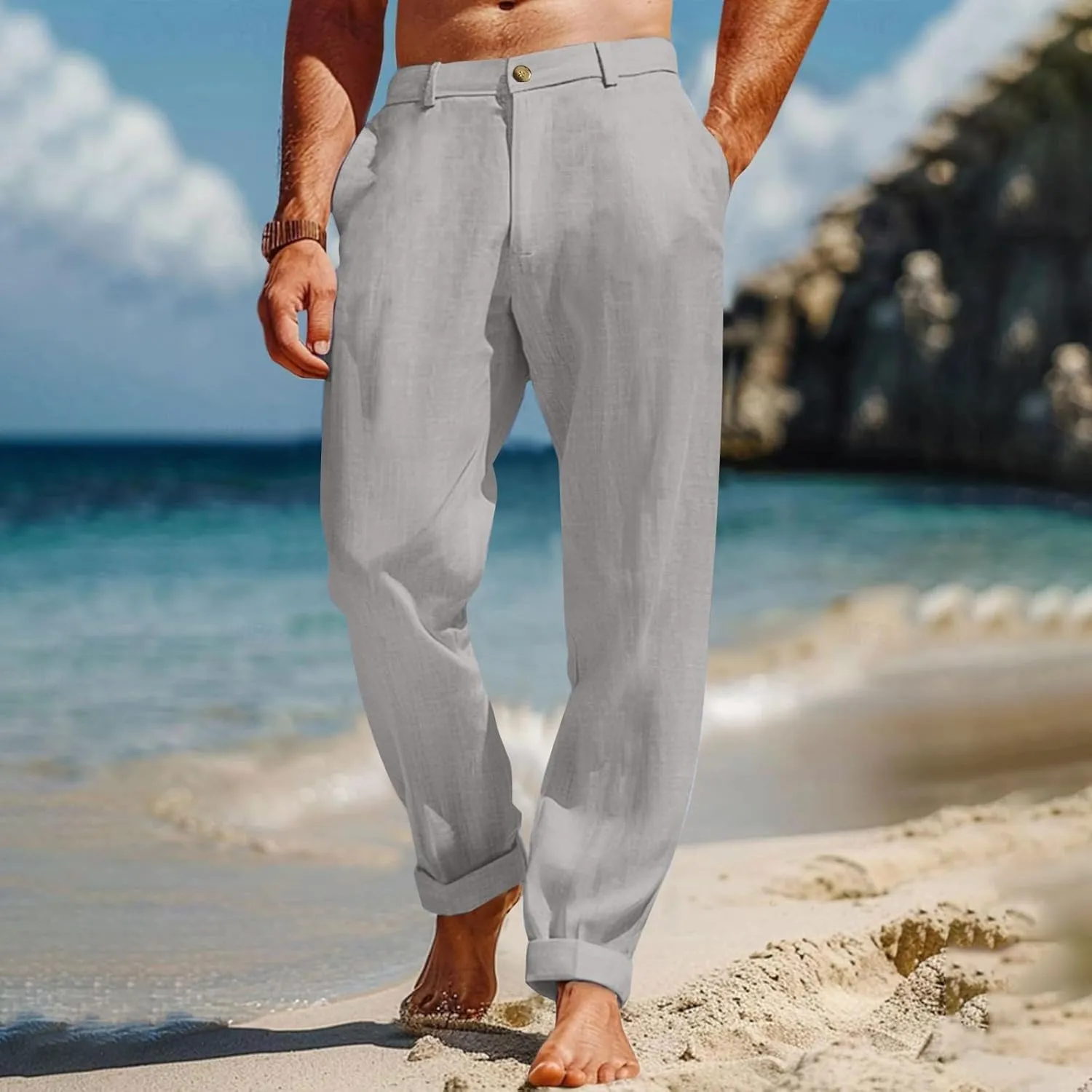 ZYXTIM Cotton Linen Trousers for Men Flat Front Lightweight Casual Work Pants Quick Dry Summer Beach Yoga Pants with Pockets