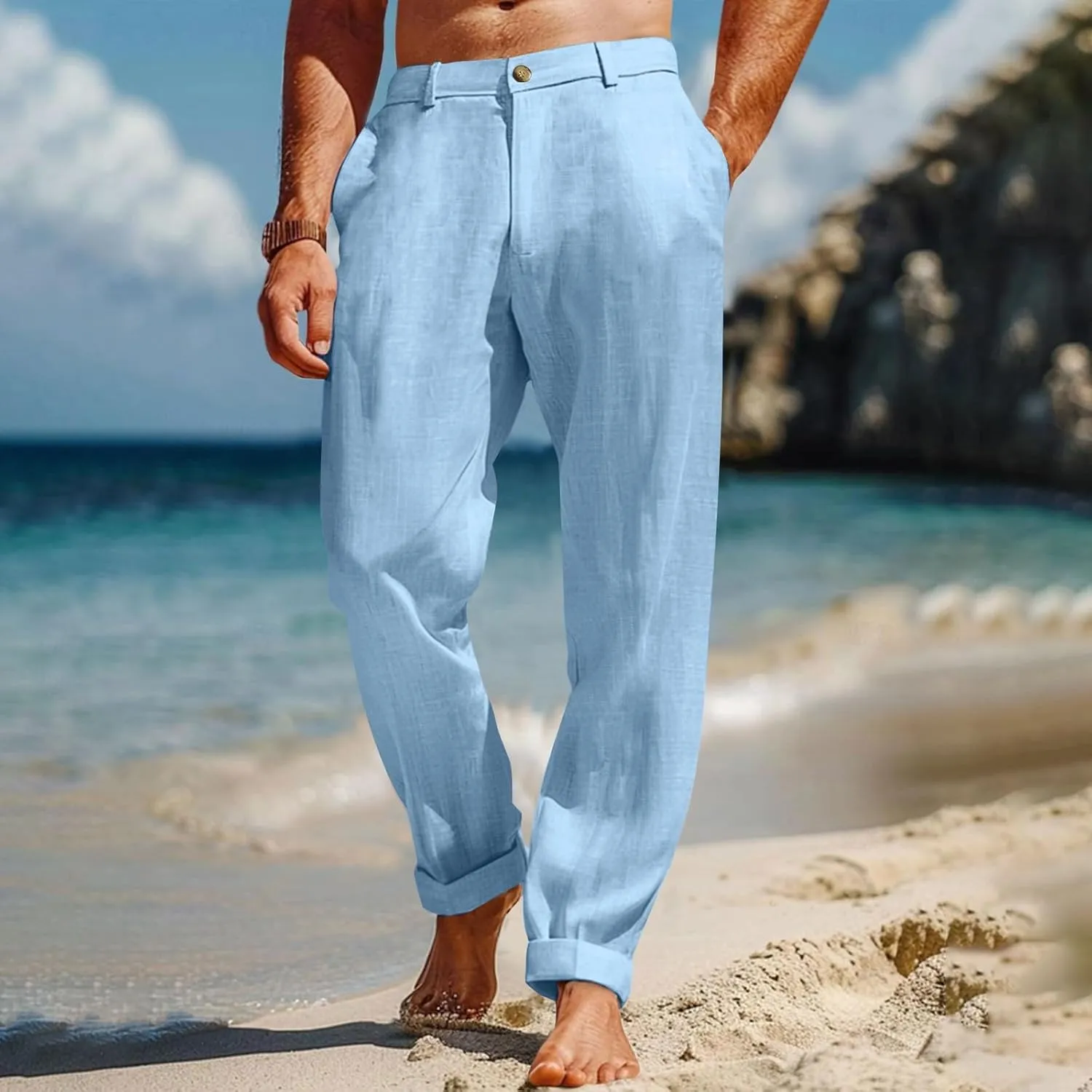 ZYXTIM Cotton Linen Trousers for Men Flat Front Lightweight Casual Work Pants Quick Dry Summer Beach Yoga Pants with Pockets
