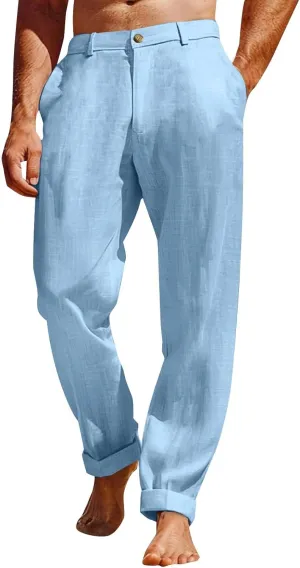 ZYXTIM Cotton Linen Trousers for Men Flat Front Lightweight Casual Work Pants Quick Dry Summer Beach Yoga Pants with Pockets