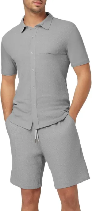 ZYXTIM Men's Summer Casual Outfits Short Sleeve Button Down Dress Shirts Casual Chino Shorts Indian Work Travel Going Out Set