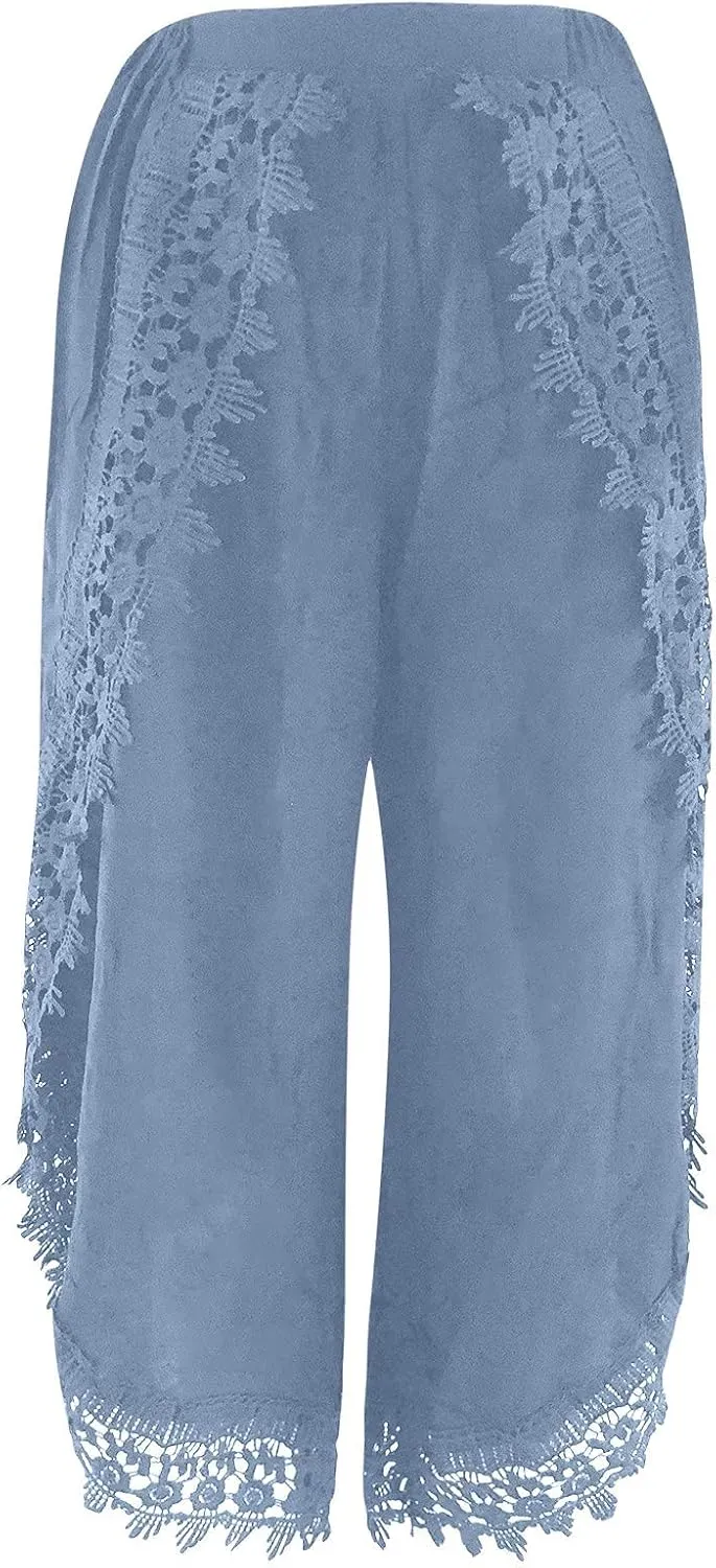 ZYXTIM Women Summer Boho Floral Printed Layered Wide Leg Pants Side Split Elastic Waist Loose Casual Beach Palazzo Pant Capri