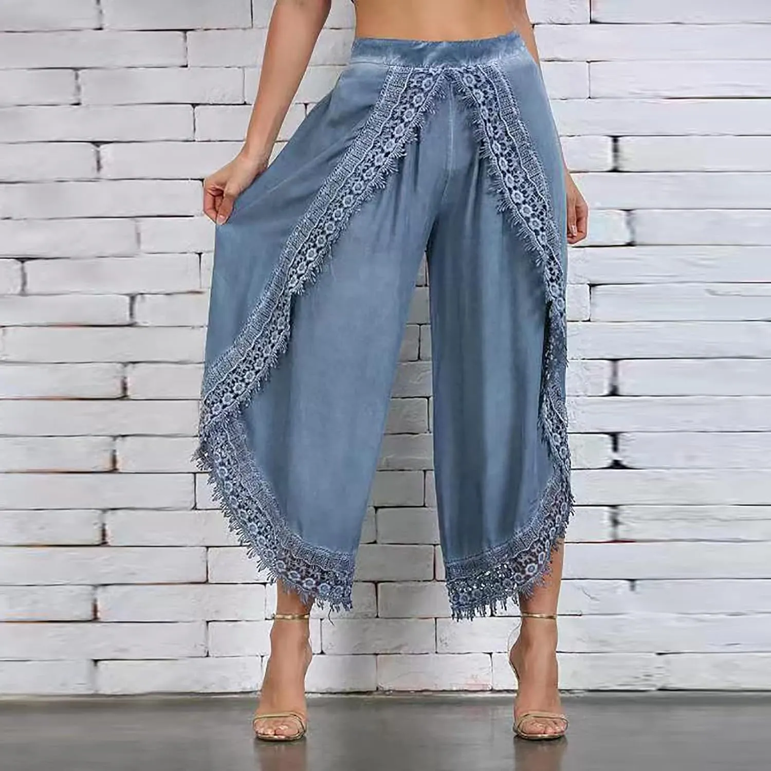 ZYXTIM Women Summer Boho Floral Printed Layered Wide Leg Pants Side Split Elastic Waist Loose Casual Beach Palazzo Pant Capri