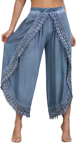 ZYXTIM Women Summer Boho Floral Printed Layered Wide Leg Pants Side Split Elastic Waist Loose Casual Beach Palazzo Pant Capri